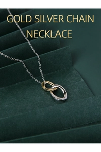 Detail showing gold and silver interlocking oval pendants on a sleek metal chain necklace