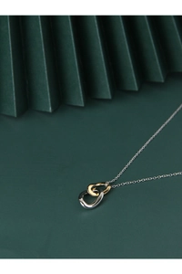 Detail of interlocking gold and silver oval rings on a minimalist s925 chain