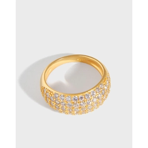 Korean Style 925 Sterling Silver Ring For Women Gold Plated Zirconia Pave Setting Arc Wide Band Minimalist Geometric Jewelry Gift