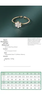 Size chart for S925 sterling silver flower ring showing inner diameter and circumference