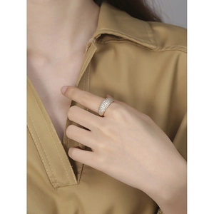 Chic gold-plated S925 sterling silver wide pave-set zircon ring worn on finger