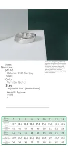 Size chart for S925 sterling silver ring showing inside diameters and finger circumferences