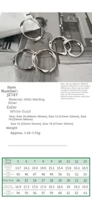 Size guide for S925 sterling silver rings showing measurements and ring diameter table