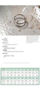 Size chart for double-layered S925 sterling silver ring showing measurements in mm