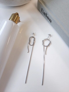 Detail of S925 sterling silver drop earrings with twisted knot and box chain tassel