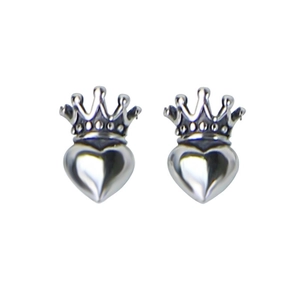 S925 sterling silver heart and crown stud earrings with vintage polished finish