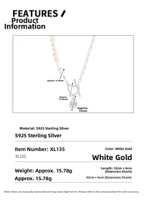 Size chart showing S925 silver necklace dimensions with heart toggle and zircon drop pendant