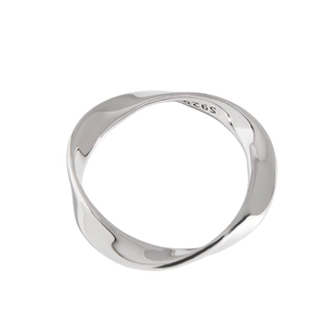 Minimalist S925 sterling silver Mobius twist ring with a polished finish on white background
