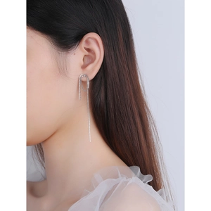 Minimalist S925 sterling silver long box chain tassel earrings shown on female model