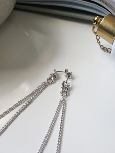 Detailed close-up of S925 sterling silver chain tassel earrings with polished metal finish