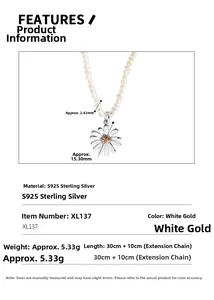 Detail showing S925 silver daisy pendant with pearl necklace and precise measurements