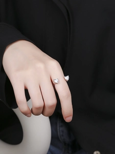 Detail of adjustable S925 silver ring featuring two sparkling heart-shaped zircon stones