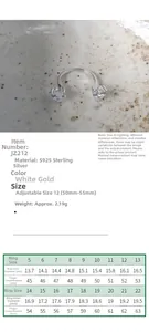Size guide for S925 sterling silver heart ring with zircon stones in platinum color