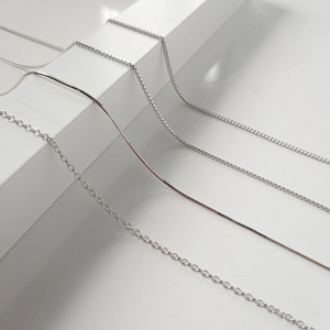 Detailed view of four silver necklace chain styles including snake, box, and curb chains