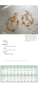 Detailed size chart for S925 sterling silver sun moon star earrings in champagne gold