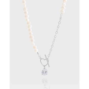 Asymmetric Artificial Pearl Necklace 925 Sterling Silver Heart OT Clasp Water Drop Zircon Pendant Elegant Jewelry For Women