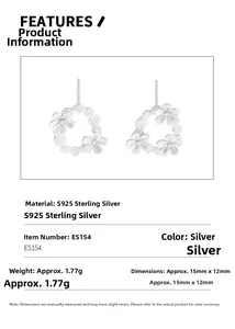 Detailed specs of asymmetric S925 sterling silver petal stud earrings measuring 15x12mm