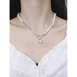 Asymmetric S925 silver heart necklace with white pearls and large zircon drop pendant