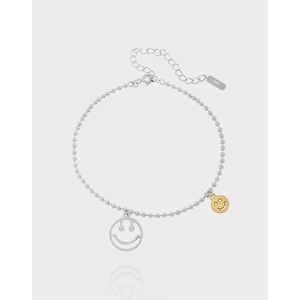 Bracelet de Cheville en Argent Sterling 925 avec Pendentif Sourire pour Femme Chaîne à Billes Minimaliste Bicolore Bijoux