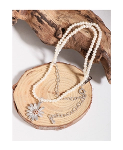 Detailed view of S925 silver tag and daisy pendant on a natural pearl necklace