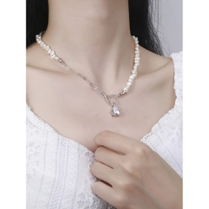 Elegant S925 silver heart and teardrop crystal necklace with irregular white pearls
