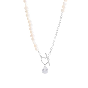 S925 silver necklace with asymmetrical pearls and a heart OT buckle with zircon drop