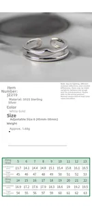 Size chart for S925 sterling silver irregular double layer ring with diameter and circumference