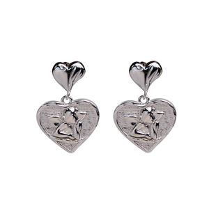 Retro sterling silver heart earrings featuring embossed angel design in a French vintage style