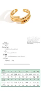 Detailed size chart for S925 sterling silver ring showing diameters and circumferences
