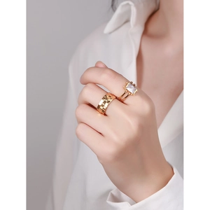Set di anelli in argento S925 dorato stile cinturino con zircone indossato da modella