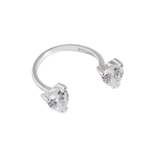 Minimalist S925 sterling silver open ring with double heart-shaped cubic zirconia stones