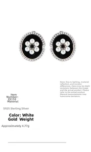 Detailed view of S925 sterling silver oval earrings with black enamel and pearl flower design