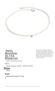 Detail of S925 sterling silver pearl necklace with 40cm length and champagne gold bead
