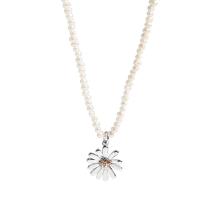 Elegant natural pearl necklace with a silver daisy pendant and orange gemstone center