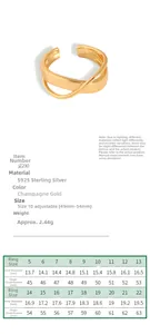 Size chart for S925 sterling silver rings showing inner diameter and finger circumference