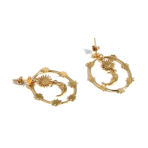Elegant gold S925 silver stud earrings featuring celestial sun moon and star pendants