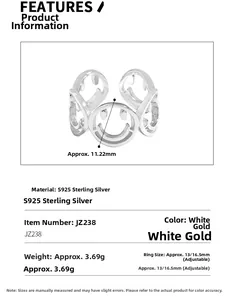 Detail view of adjustable S925 sterling silver hollow smiley ring with dimensions