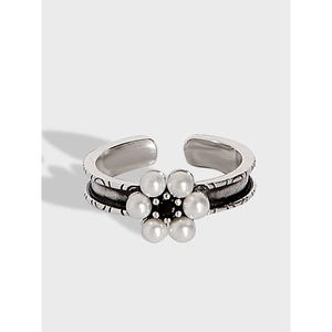 925 Sterling Silver Ring With Artificial Pearl Flower And Black Zircon Retro Adjustable Open Ring For Women INS Style Jewelry