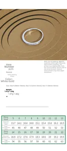 Size chart for S925 sterling silver zircon ring showing inner diameters from 13.7 to 19.5mm