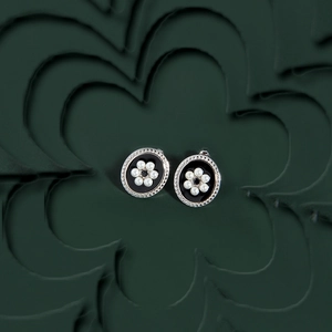 Vintage oval S925 silver stud earrings with black enamel and pearl floral design