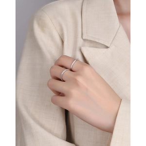 Detailed view of S925 sterling silver rings with micro-pave zircons on a model's hand