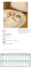 Detailed size chart for S925 sterling silver beaded ring with diameter and circumference data