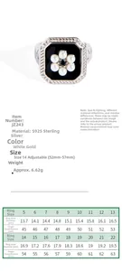 Size chart and measurement guide for S925 sterling silver square floral enamel ring