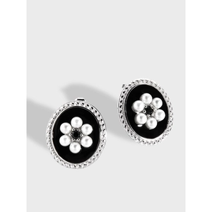 Vintage 925 Sterling Silver Earring Post Oval Black Enamel Artificial Pearl Flower Stud Earrings Elegant French Jewelry For Women