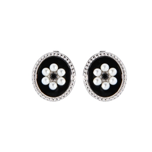 Retro oval S925 sterling silver stud earrings with black enamel and pearl flower detail