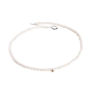 Minimalist S925 sterling silver pearl necklace with T-bar clasp and golden bead accent