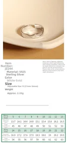 Size chart for S925 sterling silver twisted open ring showing inner diameter and circumference