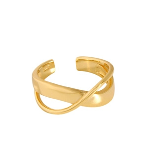 Minimalist S925 sterling silver gold crossover ring with adjustable open design and mirror finish