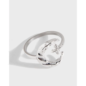Anello in Argento Sterling 925 con Stella e Luna per Donna Texture Pieghettata Minimalista Anello Aperto Regolabile Gioielli con Strass