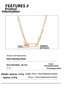Detailed size specifications for a S925 sterling silver safety pin necklace in gold